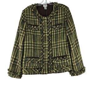 Chicos Womens Tweed Blazer Jacket Size 2 US L Green Brown Plaid Metallic Snap‎